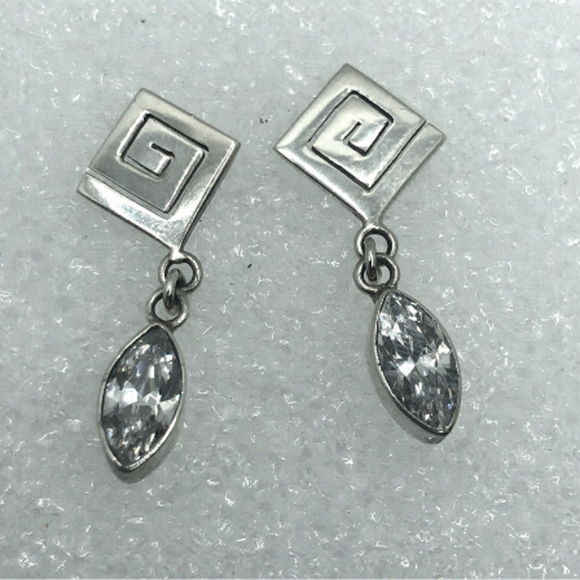 Vtg Sterling Silver Geometric Square Spiral Marquis Cz Dangle Stud Earrings 1.1” - Picture 5 of 9